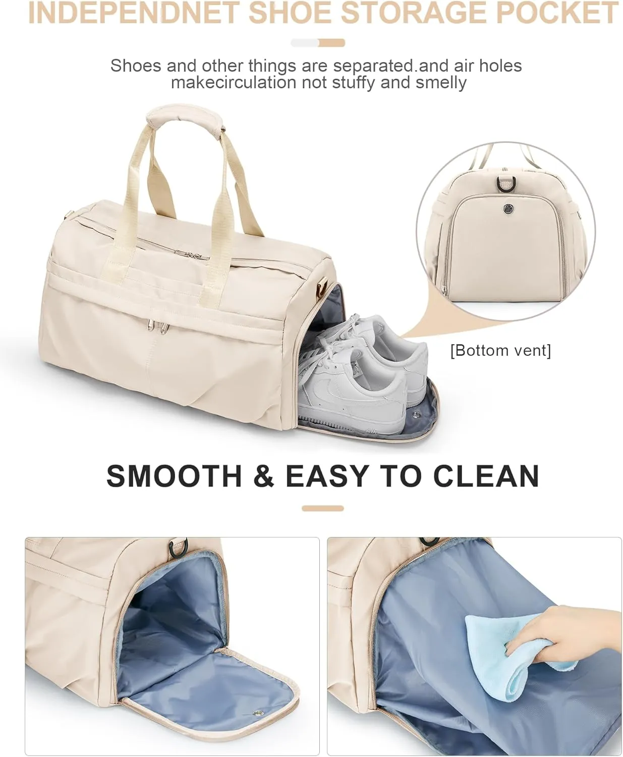 Gym Bag for Women Men with Shoe Compartment, Sport Duffel Bag, Waterproof Travel Weekender Overnight Carry on Bag for Yoga with Trolley Sleeve, Beige