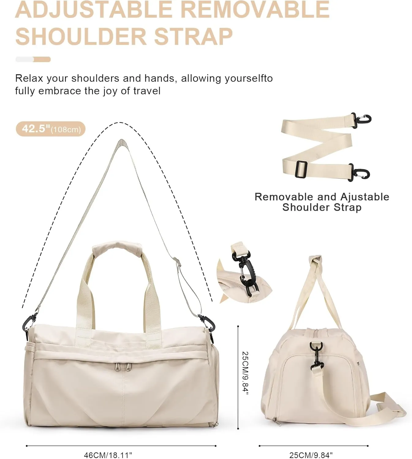 Gym Bag for Women Men with Shoe Compartment, Sport Duffel Bag, Waterproof Travel Weekender Overnight Carry on Bag for Yoga with Trolley Sleeve, Beige
