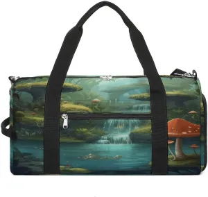 Gym Bag for Women Men,View of Fantasy River with Pond And Fishes Mushroom in Jungle Trees Print Gym Bag,reusable Gym Bag,gym Bag with Shoe Compartment