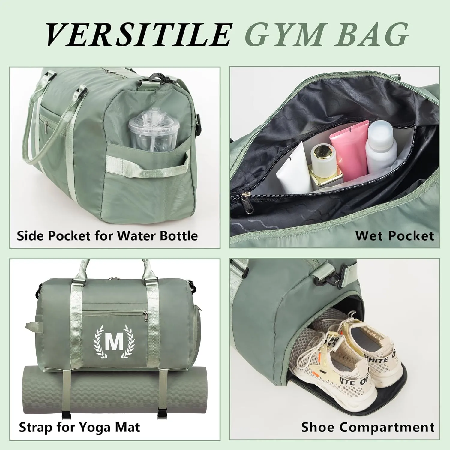 Gym Bag for Women, Personalized Duffle Bag with Shoe Compartment, Sports Bag for Yoga & Dance with Wet Pocket and Mat Strap