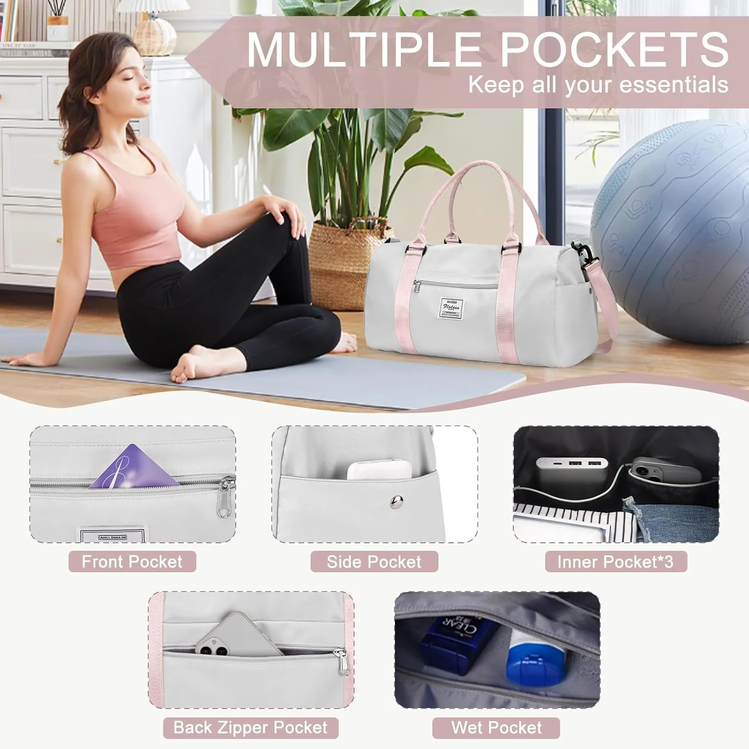 Gym Bag for Women with Shoes Compartment,Small Duffel Bag Sport bag with Toiletry Bag Overnight Travel Tote Bags Weekender Carry on Bag Personal Item Bag for Airlines Grey Pink