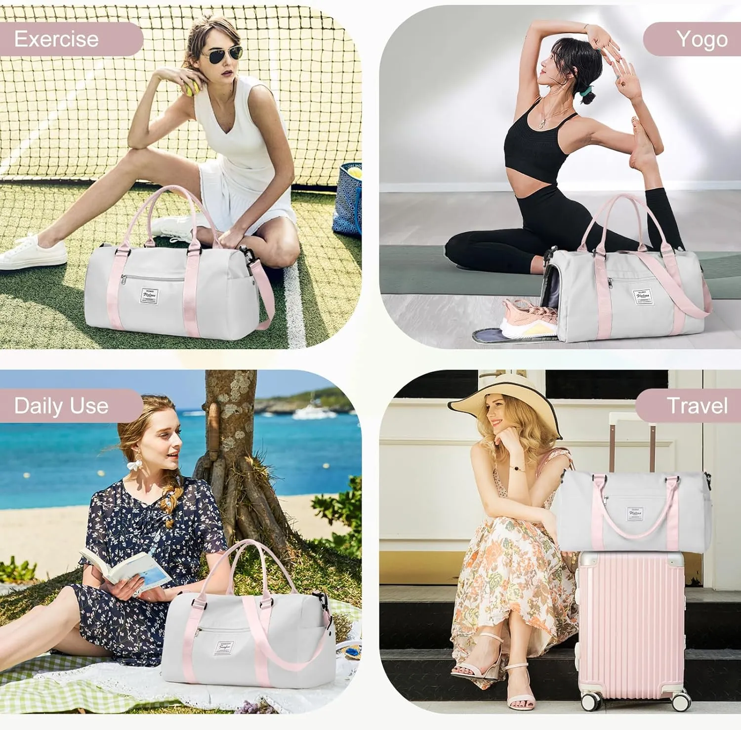 Gym Bag for Women with Shoes Compartment,Small Duffel Bag Sport bag with Toiletry Bag Overnight Travel Tote Bags Weekender Carry on Bag Personal Item Bag for Airlines Grey Pink