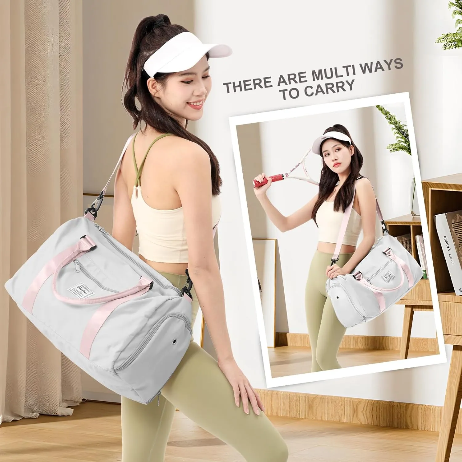 Gym Bag for Women with Shoes Compartment,Small Duffel Bag Sport bag with Toiletry Bag Overnight Travel Tote Bags Weekender Carry on Bag Personal Item Bag for Airlines Grey Pink