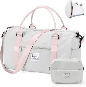 Gym Bag for Women with Shoes Compartment,Small Duffel Bag Sport bag with Toiletry Bag Overnight Travel Tote Bags Weekender Carry on Bag Personal Item Bag for Airlines Grey Pink