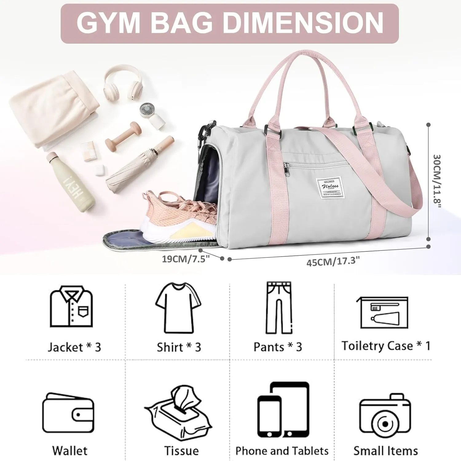 Gym Bag for Women with Shoes Compartment,Small Duffel Bag Sport bag with Toiletry Bag Overnight Travel Tote Bags Weekender Carry on Bag Personal Item Bag for Airlines Grey Pink