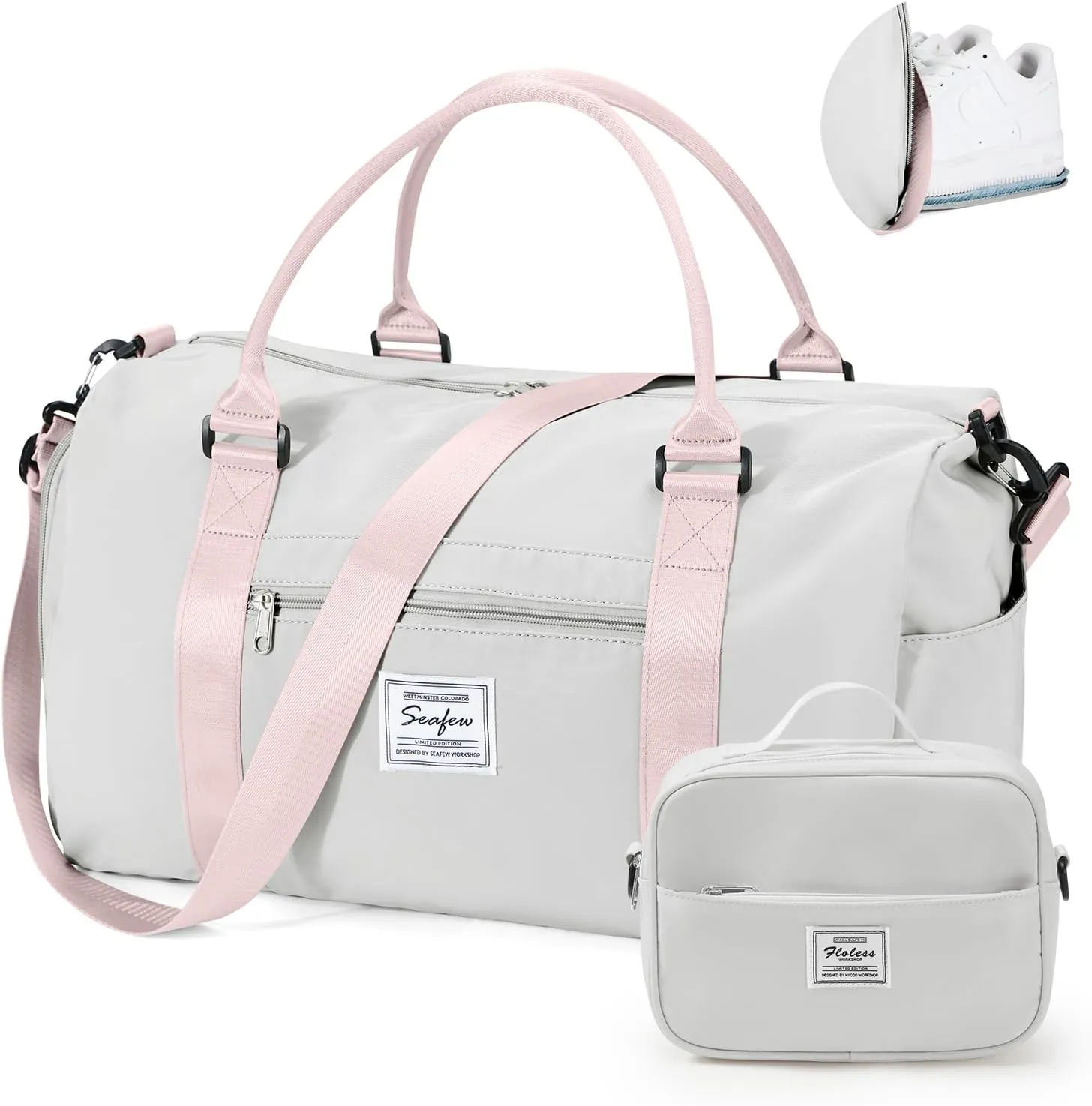 Gym Bag for Women with Shoes Compartment,Small Duffel Bag Sport bag with Toiletry Bag Overnight Travel Tote Bags Weekender Carry on Bag Personal Item Bag for Airlines Grey Pink