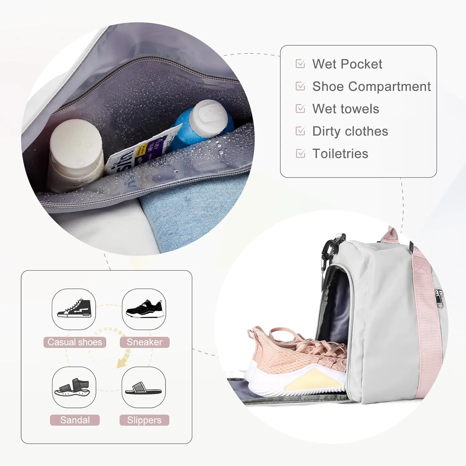 Gym Bag for Women with Shoes Compartment,Small Duffel Bag Sport bag with Toiletry Bag Overnight Travel Tote Bags Weekender Carry on Bag Personal Item Bag for Airlines Grey Pink