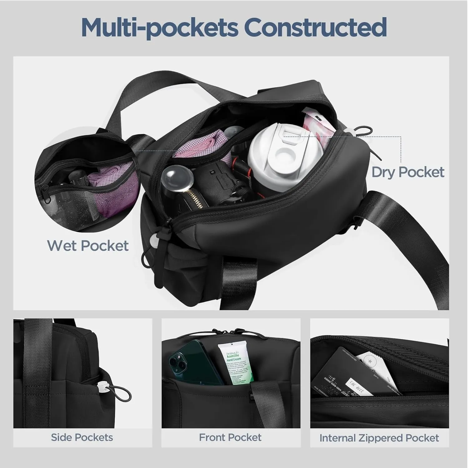 Gym Bag, Multi-Pockets Luggage Bag, Carry On Bag for Women, Adjustable Shoulder Strap Travel Duffle Bag with Dry/Wet Pocket, High Volume Overnight Duffle Bag for Travel, Gym (Black)