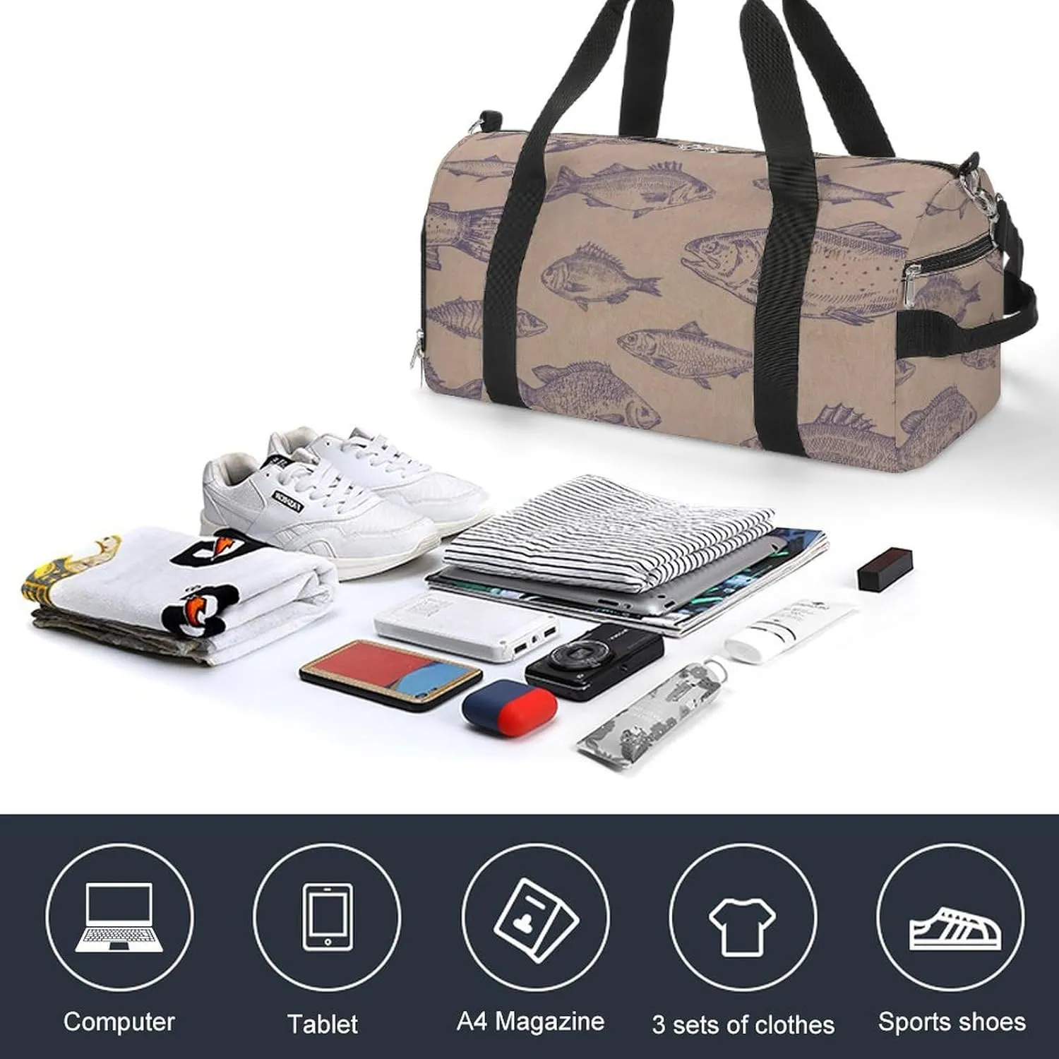 Gym Duffel Bag with Shoe Compartment Wet Pocket, Anchovys Herrings Travel Bag for Men Women