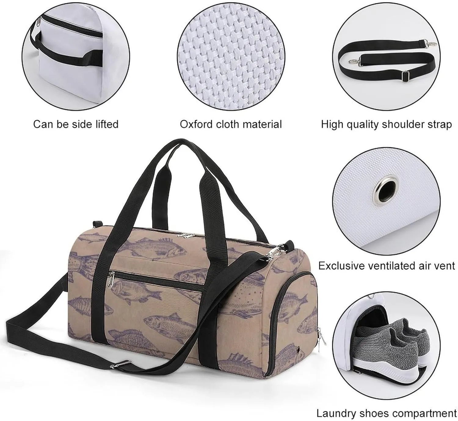 Gym Duffel Bag with Shoe Compartment Wet Pocket, Anchovys Herrings Travel Bag for Men Women