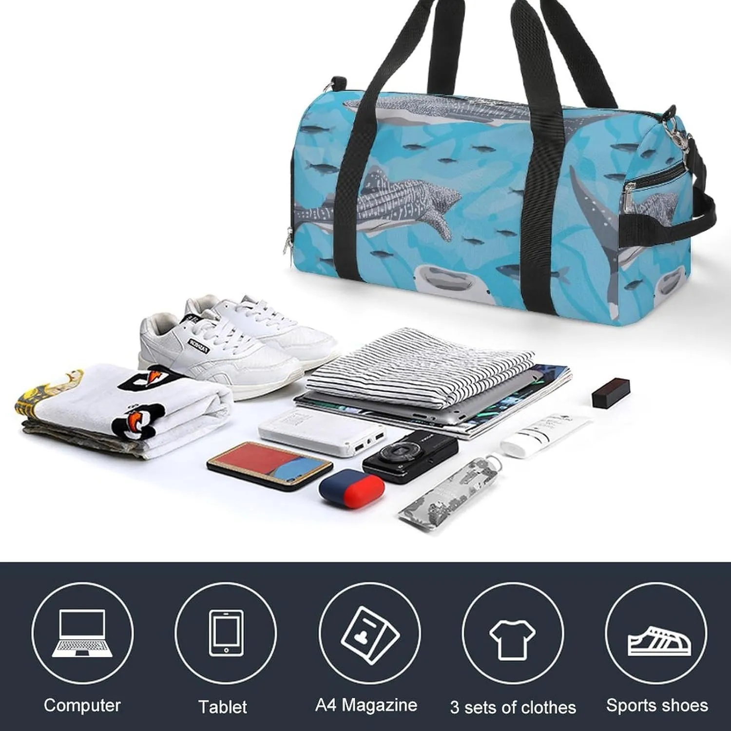 Gym Duffel Bag with Shoe Compartment Wet Pocket, Blue Sharks Travel Bag for Men Women, style-2