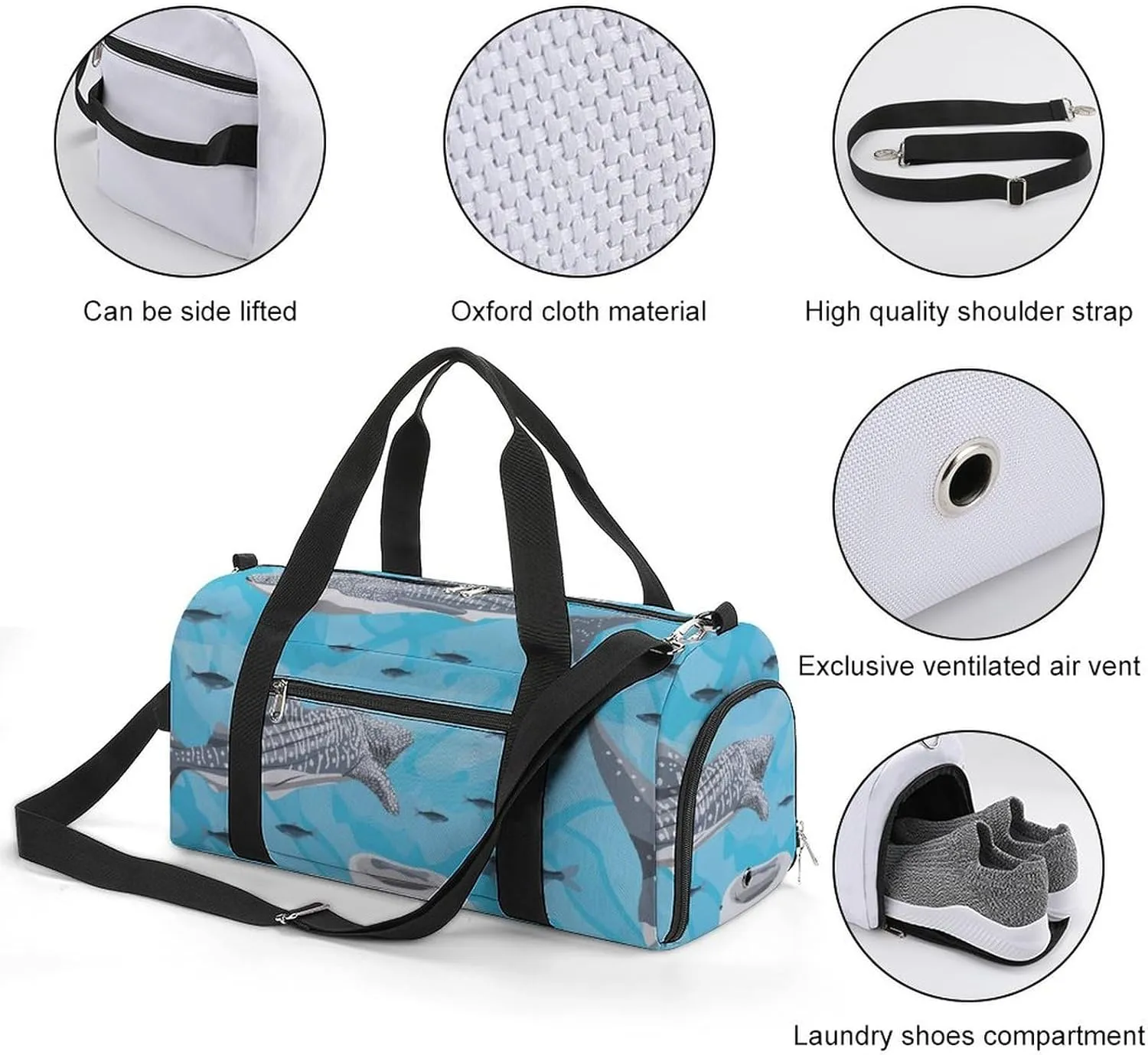 Gym Duffel Bag with Shoe Compartment Wet Pocket, Blue Sharks Travel Bag for Men Women, style-2