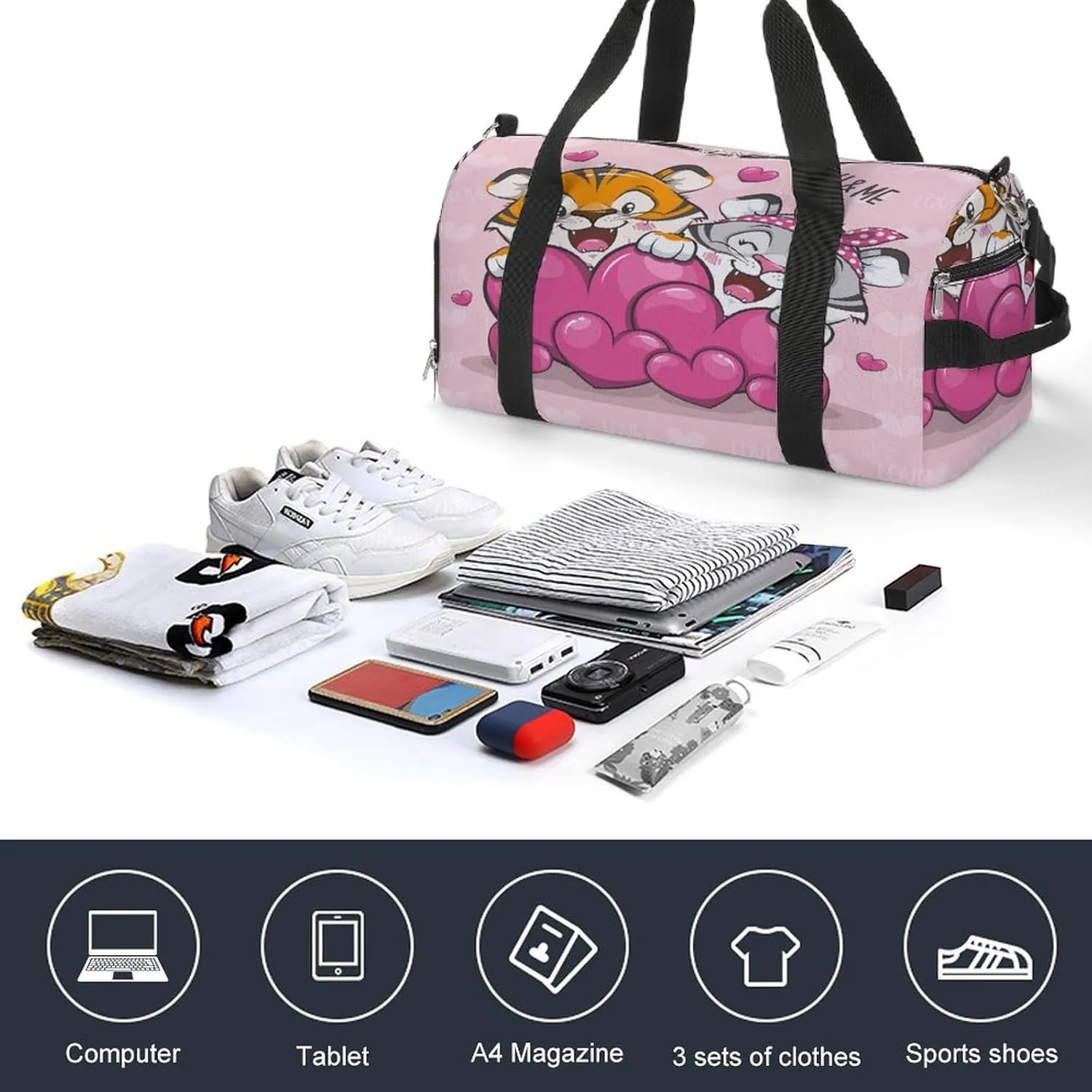 Gym Duffel Bag with Shoe Compartment Wet Pocket, Couple Love Cute Tigers Travel Bag for Men Women, style