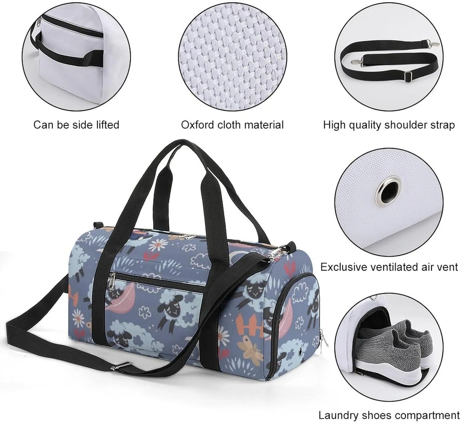 Gym Duffel Bag with Shoe Compartment Wet Pocket, Cute Sleepy Lambs Travel Bag for Men Women, style