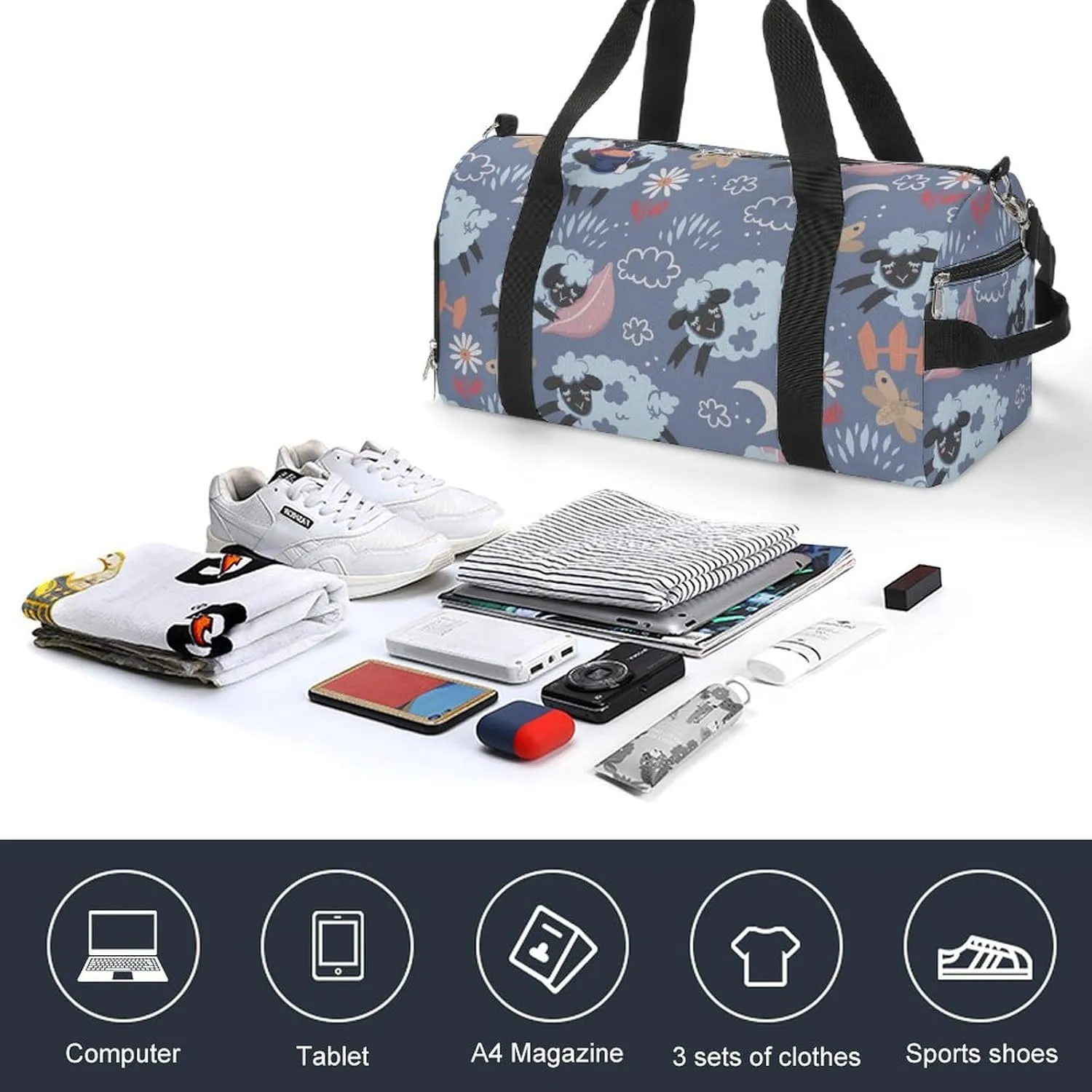 Gym Duffel Bag with Shoe Compartment Wet Pocket, Cute Sleepy Lambs Travel Bag for Men Women, style