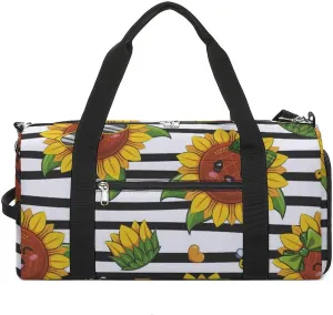 Gym Duffel Bag with Shoe Compartment Wet Pocket, Cute Sunflowers Stripe Travel Bag for Men Women