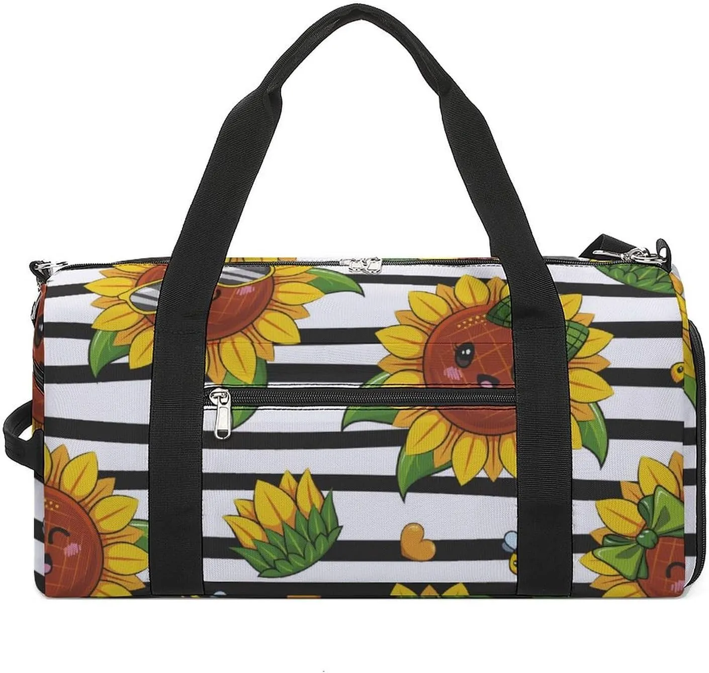 Gym Duffel Bag with Shoe Compartment Wet Pocket, Cute Sunflowers Stripe Travel Bag for Men Women