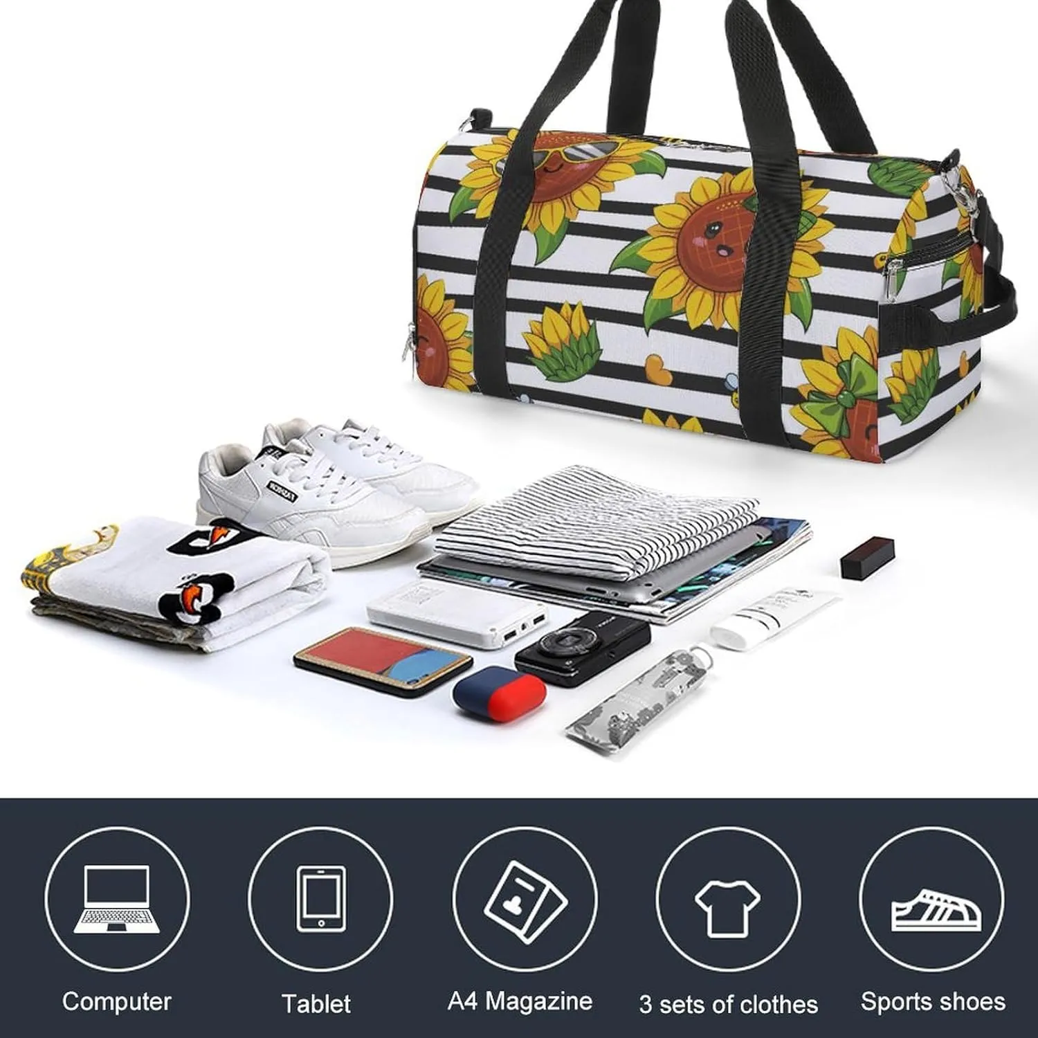 Gym Duffel Bag with Shoe Compartment Wet Pocket, Cute Sunflowers Stripe Travel Bag for Men Women