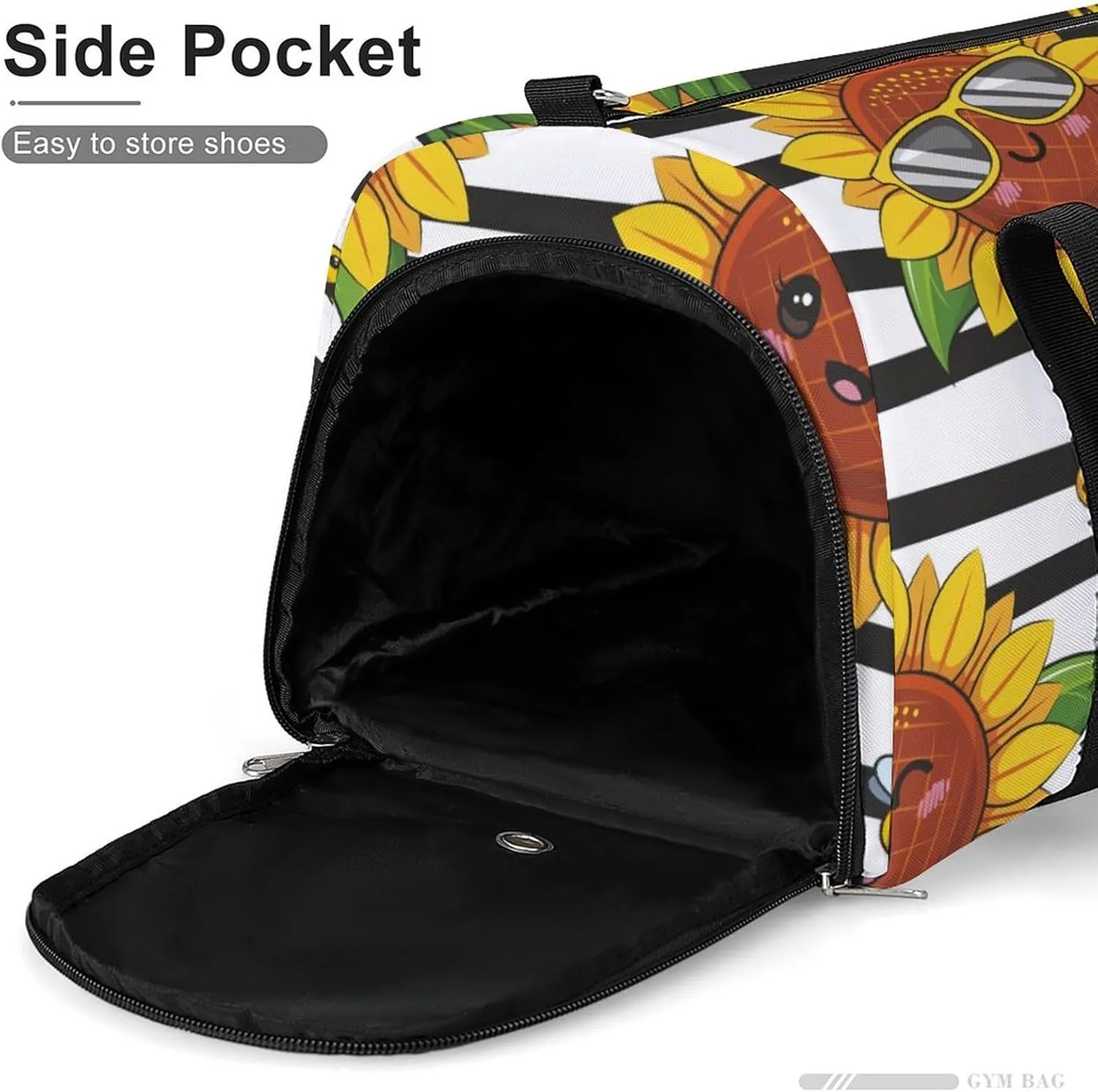 Gym Duffel Bag with Shoe Compartment Wet Pocket, Cute Sunflowers Stripe Travel Bag for Men Women
