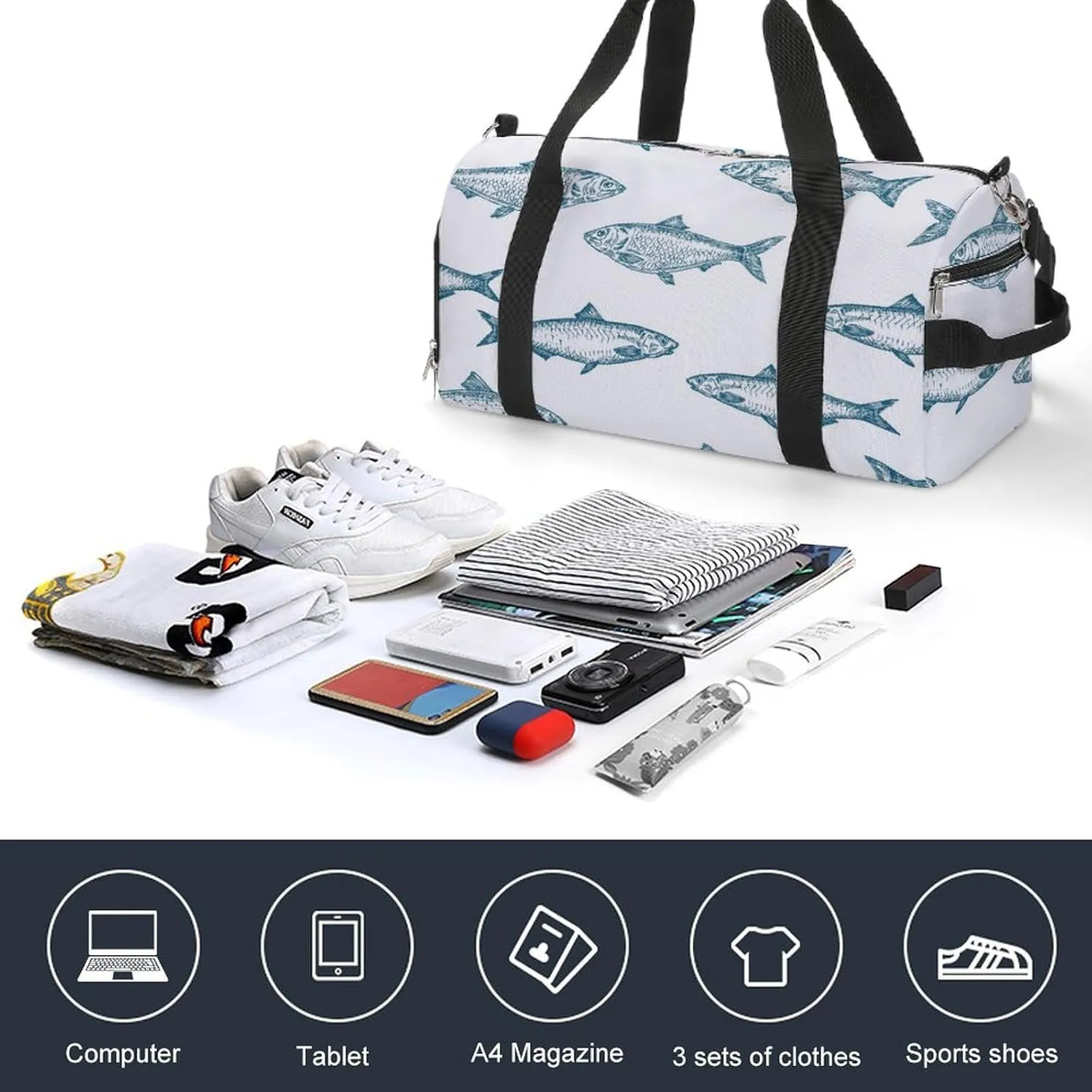Gym Duffel Bag with Shoe Compartment Wet Pocket, Fish Travel Bag for Men Women
