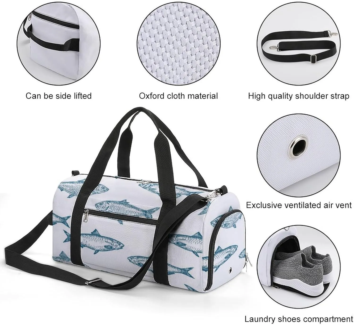 Gym Duffel Bag with Shoe Compartment Wet Pocket, Fish Travel Bag for Men Women