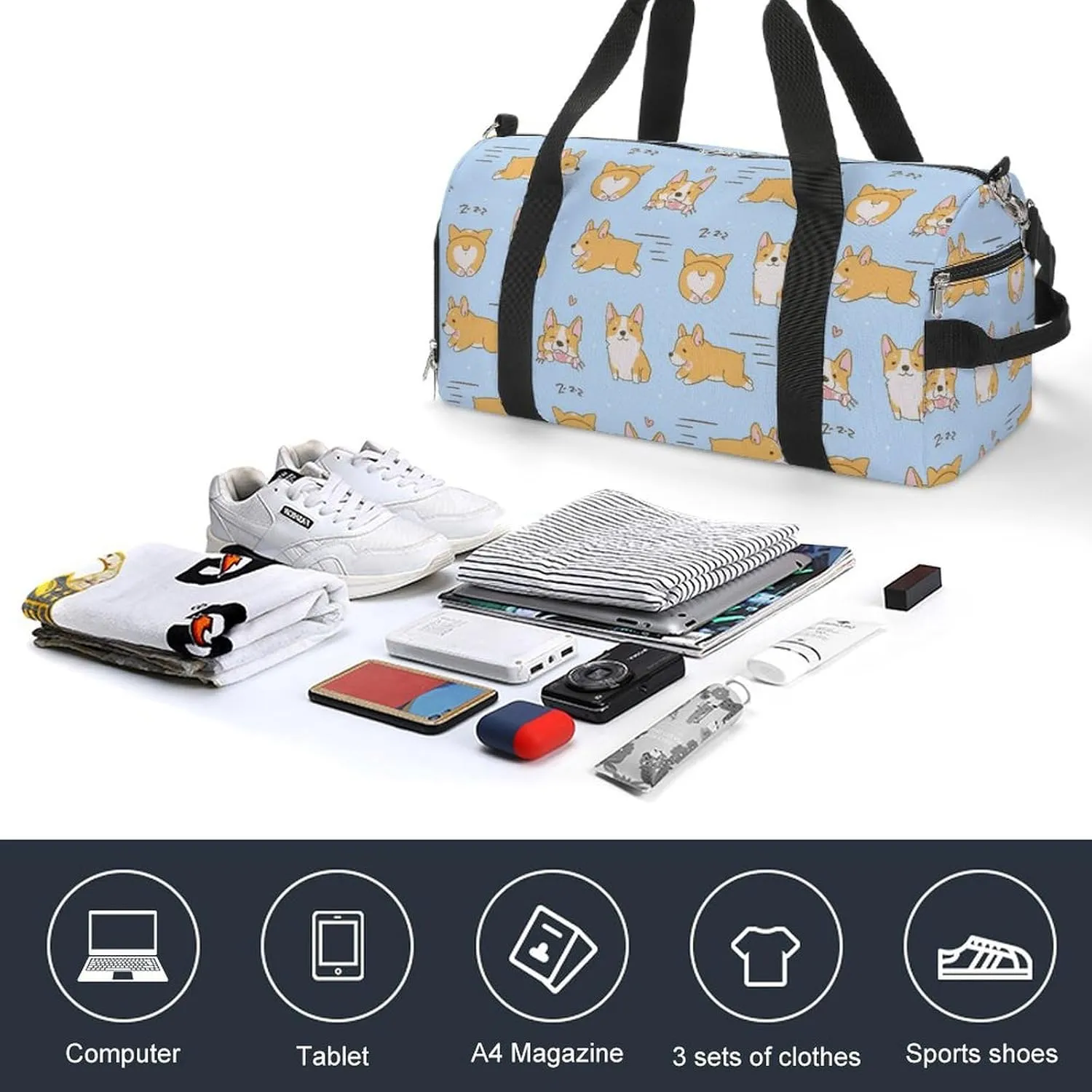 Gym Duffel Bag with Shoe Compartment Wet Pocket, Kawaii Playful Corgis Dogs Travel Bag for Men Women