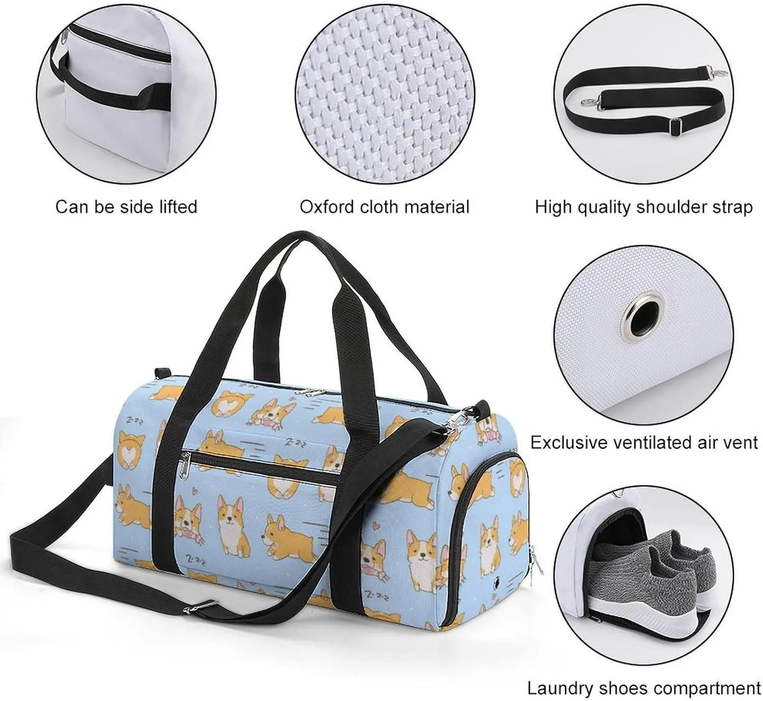 Gym Duffel Bag with Shoe Compartment Wet Pocket, Kawaii Playful Corgis Dogs Travel Bag for Men Women