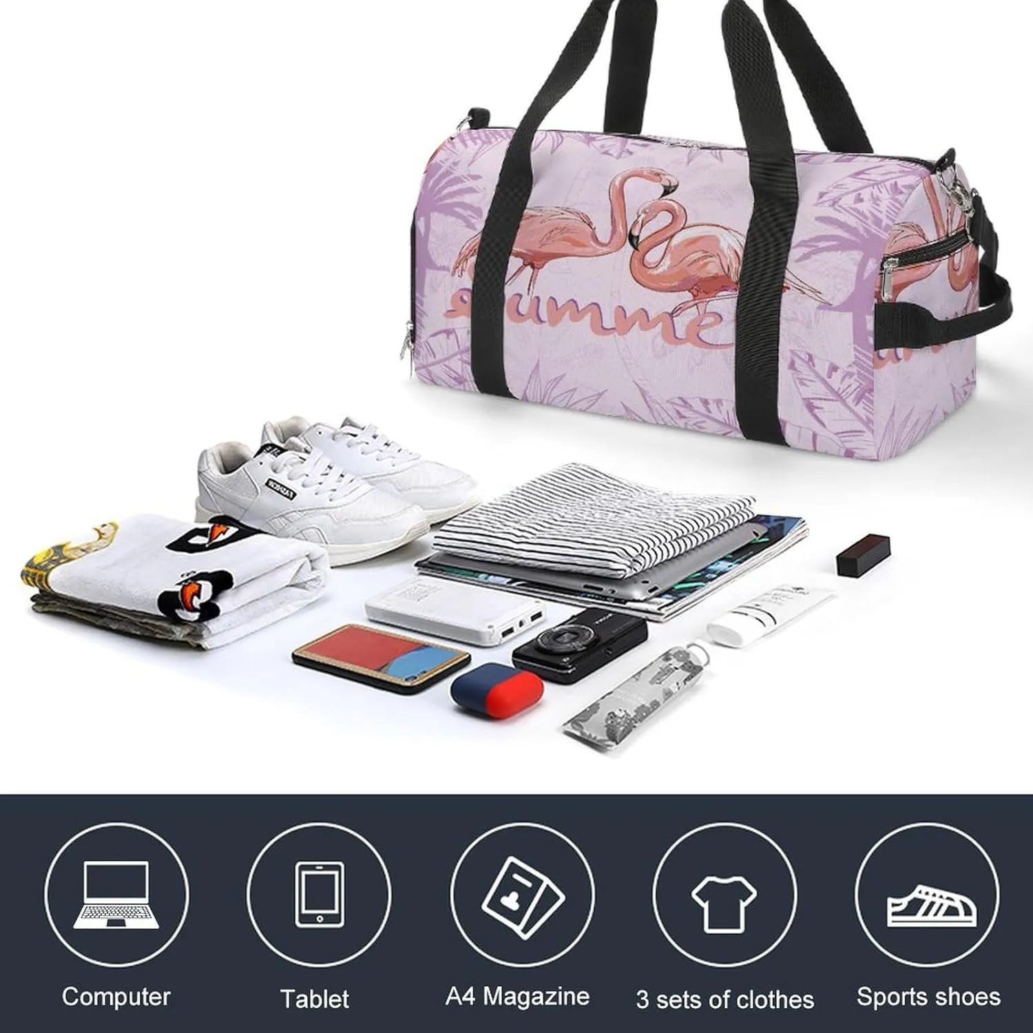 Gym Duffel Bag with Shoe Compartment Wet Pocket, Pink Flamingo Travel Bag for Men Women, style-1