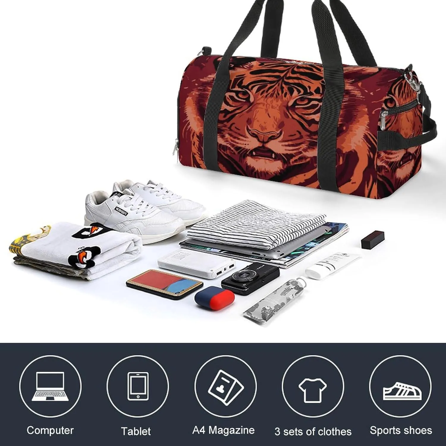 Gym Duffel Bag with Shoe Compartment Wet Pocket, Tigers Chinese Travel Bag for Men Women