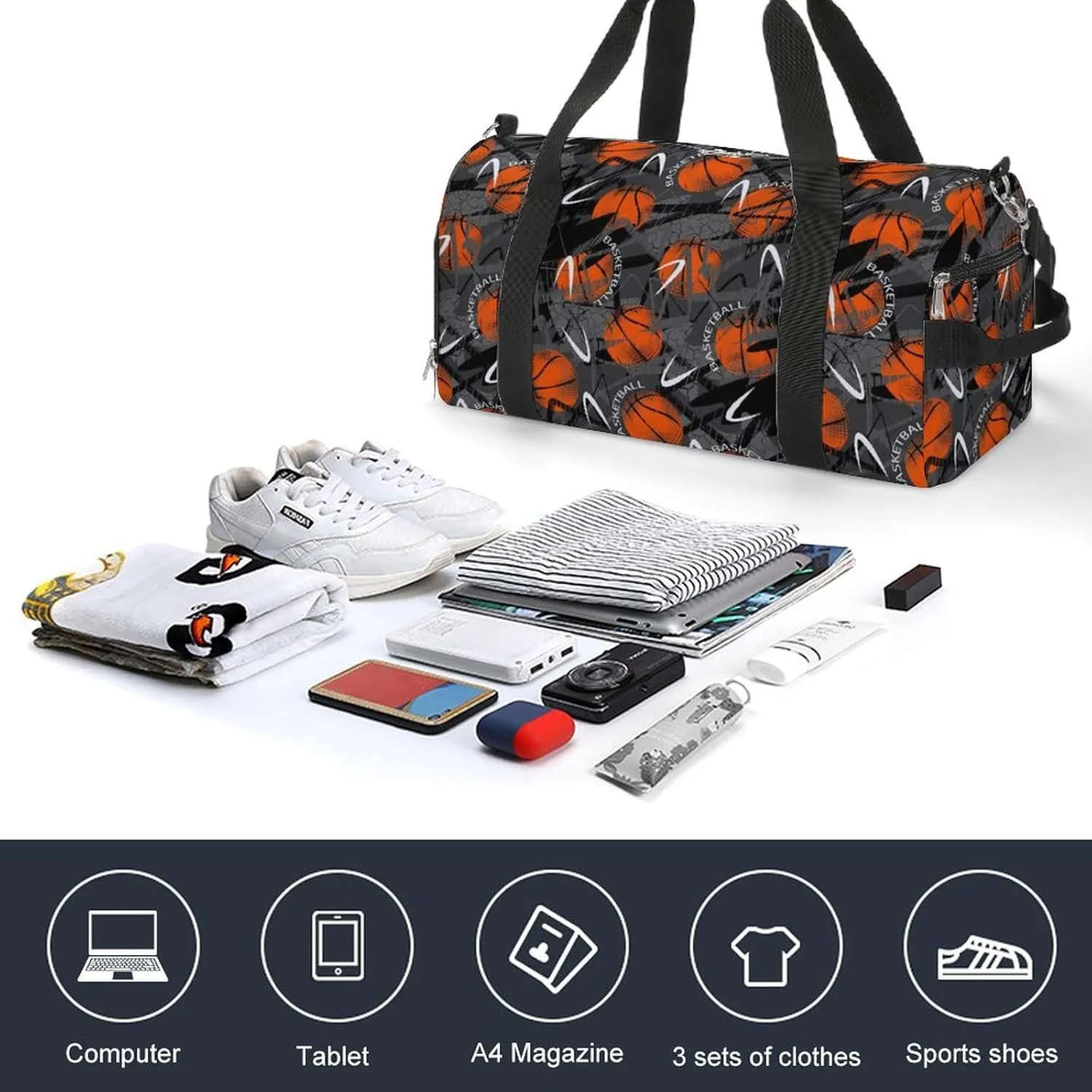 Gym Duffel Bag with Shoe Compartment Wet Pocket, Urban Style Modern with Basketball Travel Bag for Men Women