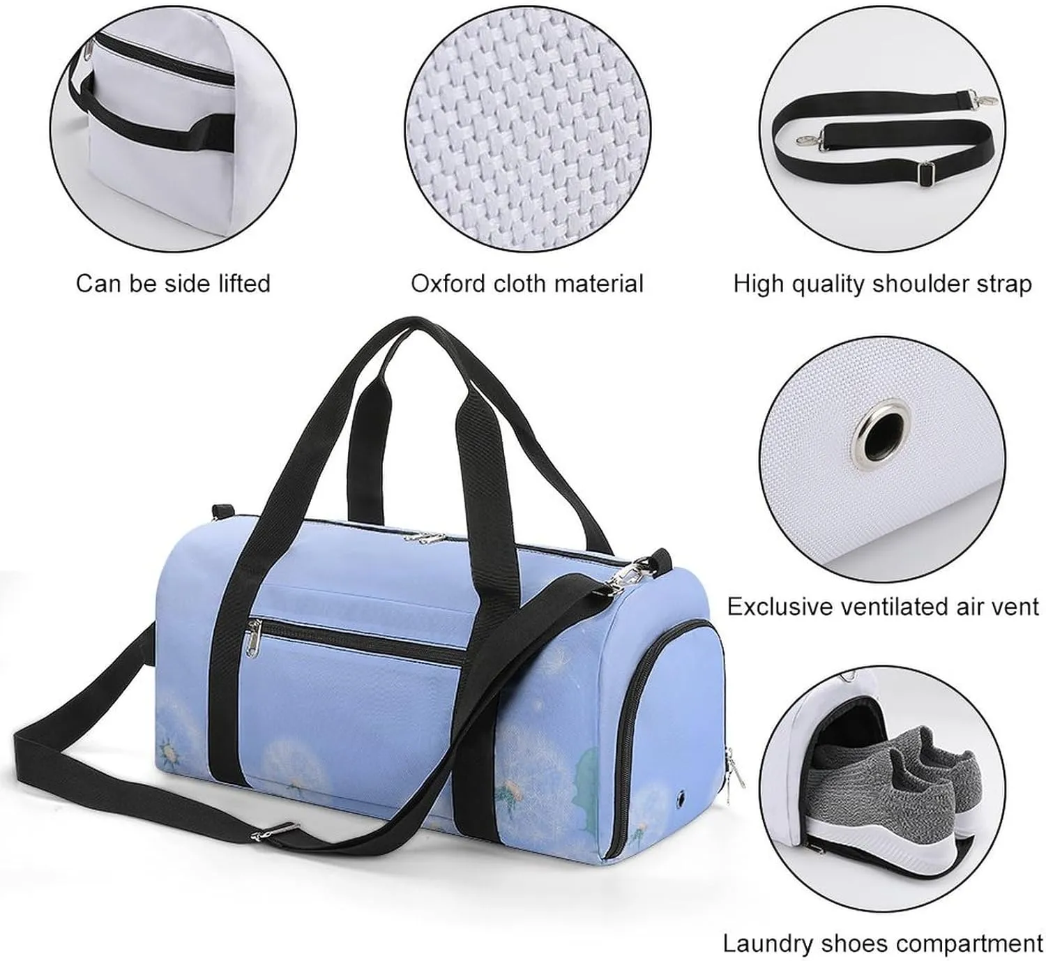 Gym Duffel Bag with Shoe Compartment Wet Pocket, White Dandelions Travel Bag for Men Women