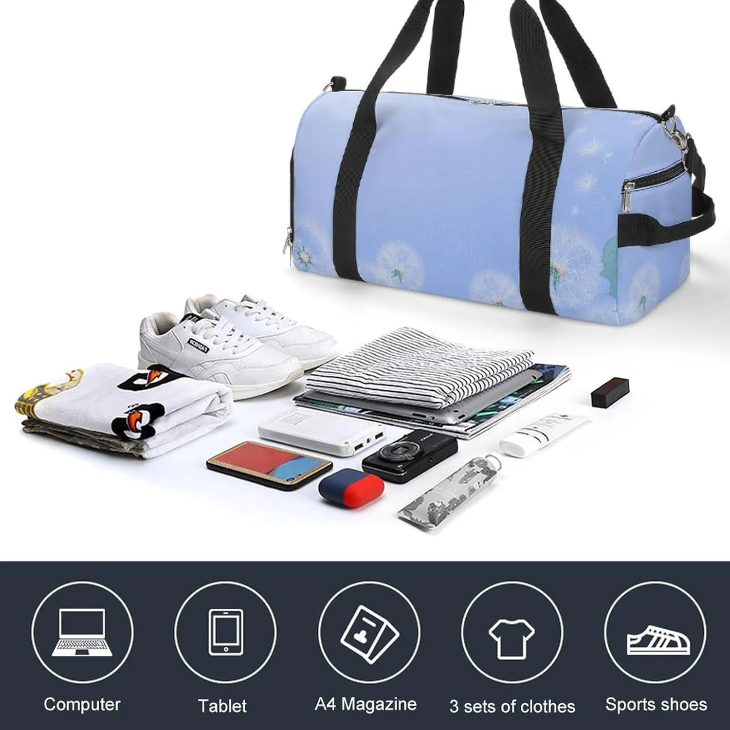 Gym Duffel Bag with Shoe Compartment Wet Pocket, White Dandelions Travel Bag for Men Women