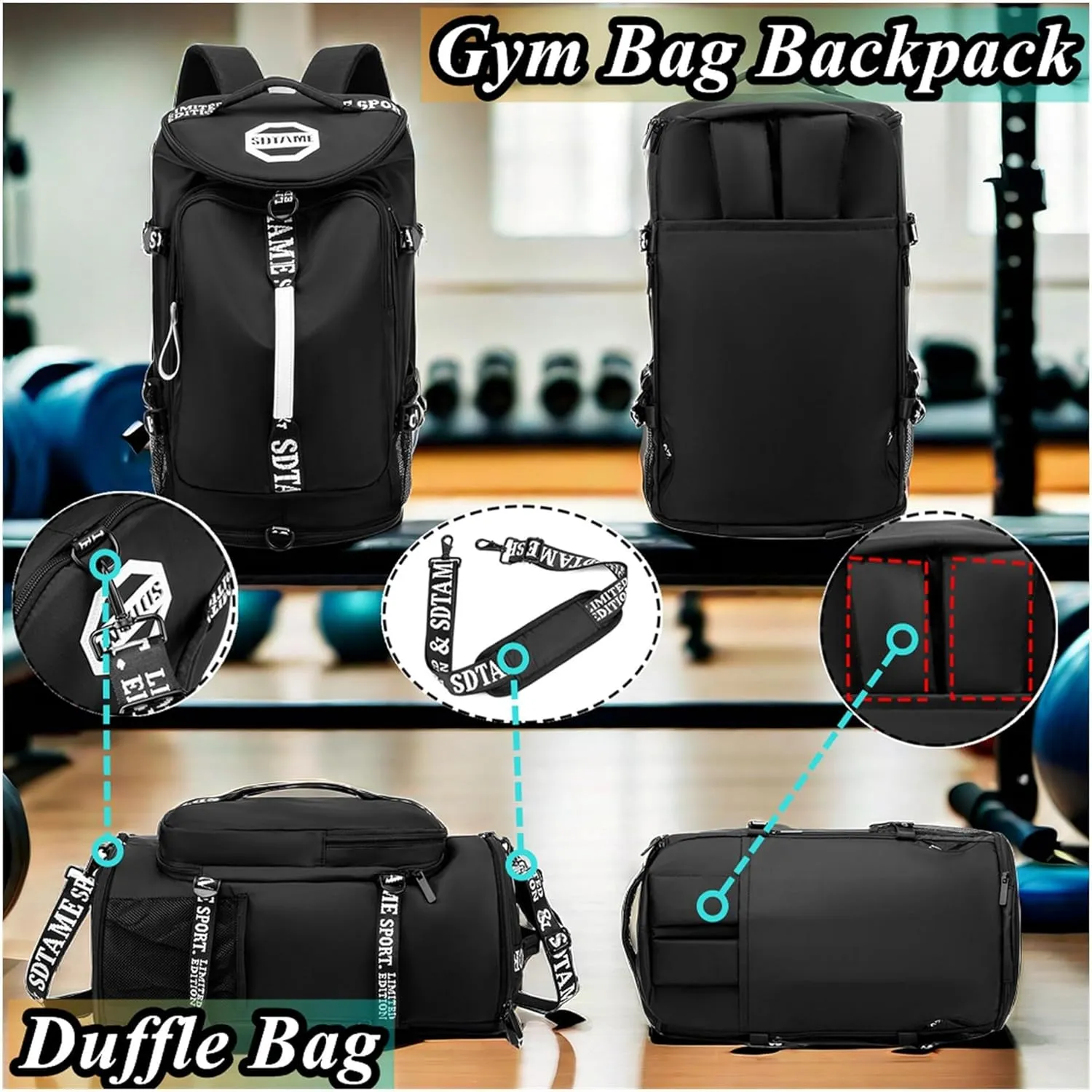 Gym Duffle Bag Backpack with Shoe Compartment,4 ways Travel Backpack for Women and Men,Multi-Functional Weekender bag with Waterproof Layer&Laptop Compartment for Fitness, Travel,Camping