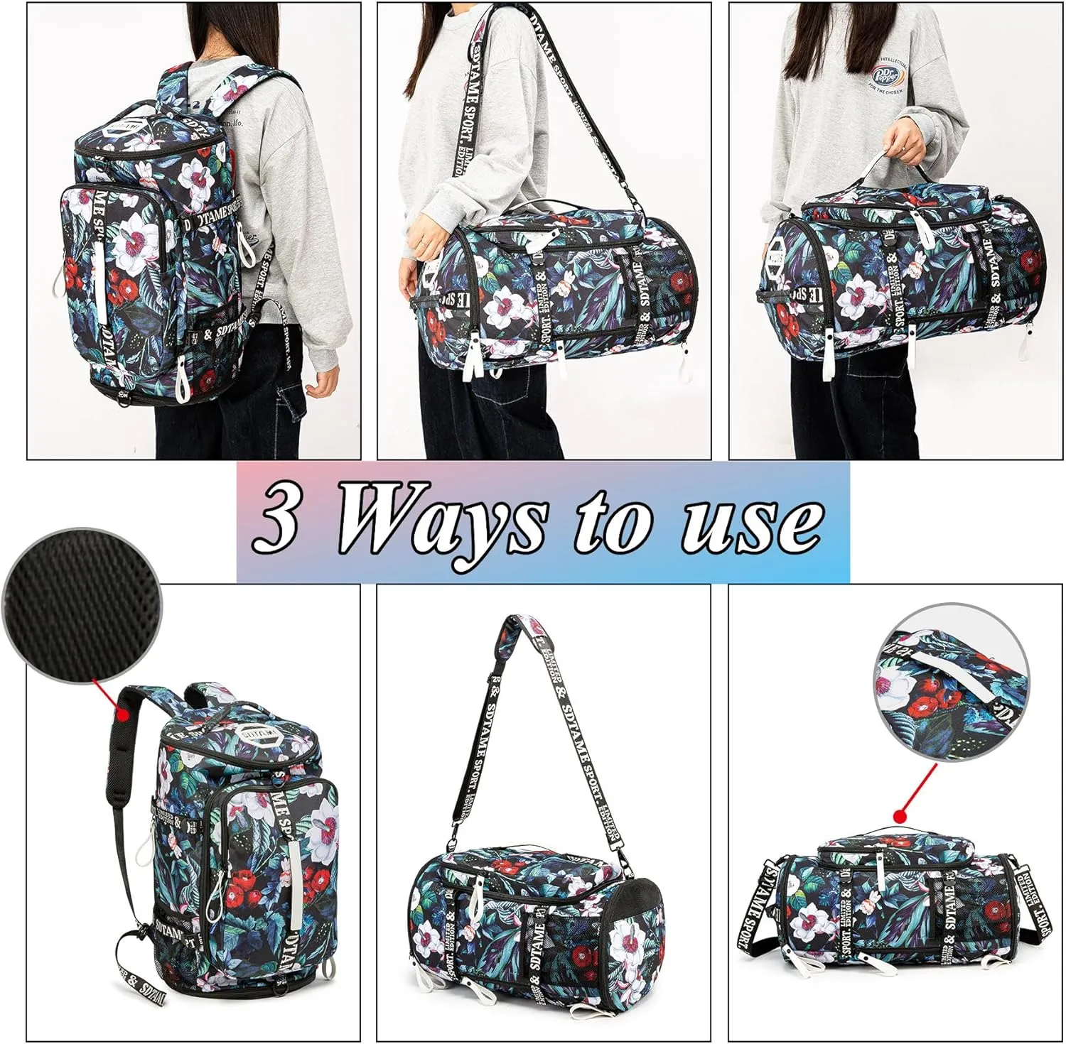 Gym Duffle Bag Backpack with Shoe Compartment,4 ways Travel Backpack for Women and Men,Multi-Functional Weekender bag with Waterproof Layer&Laptop Compartment for Fitness, Travel,Camping