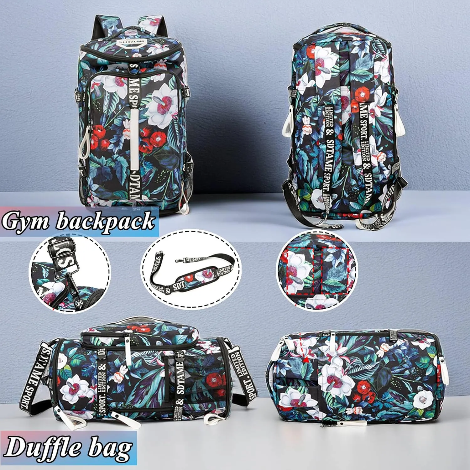 Gym Duffle Bag Backpack with Shoe Compartment,4 ways Travel Backpack for Women and Men,Multi-Functional Weekender bag with Waterproof Layer&Laptop Compartment for Fitness, Travel,Camping