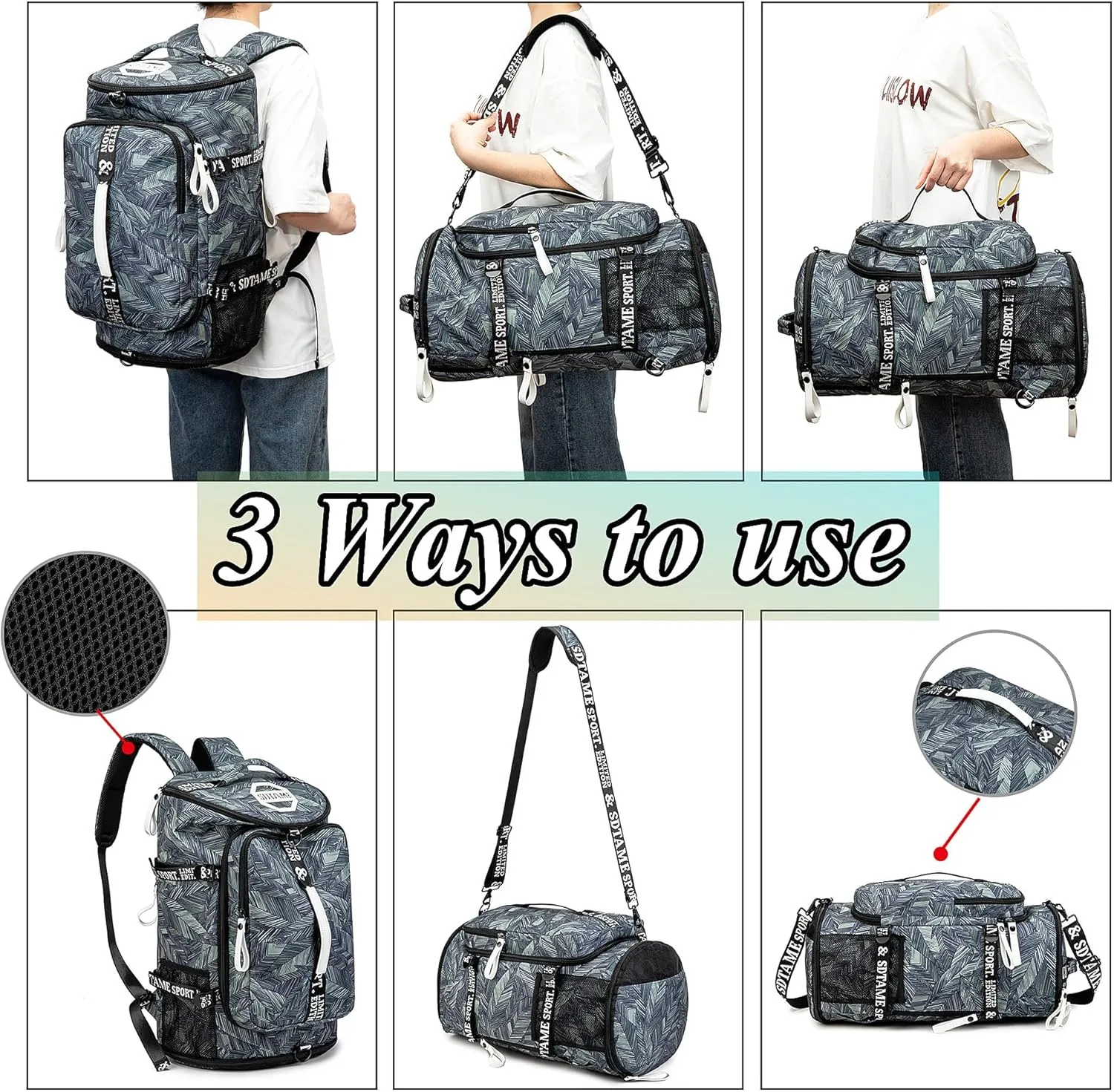 Gym Duffle Bag Backpack with Shoe Compartment,4 ways Travel Backpack for Women and Men,Multi-Functional Weekender bag with Waterproof Layer&Laptop Compartment for Fitness, Travel,Camping
