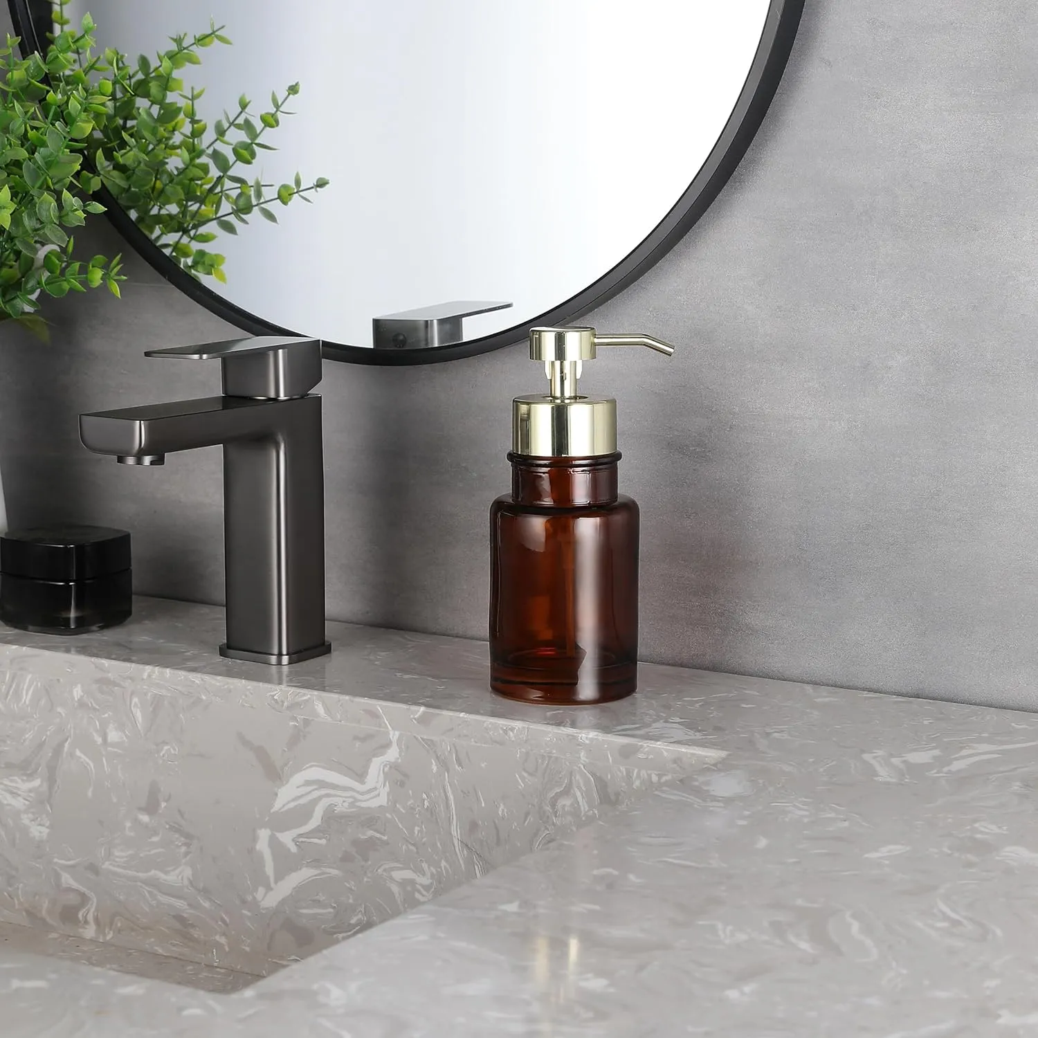 H Halston Amber Glass Foaming Soap Dispenser, Hand Soap, for Kitchen and Bathroom Sink, Heavy Weight Modern Farmhouse Home Decor, Large Capacity Thick Glass Rustproof Pump, Refillable