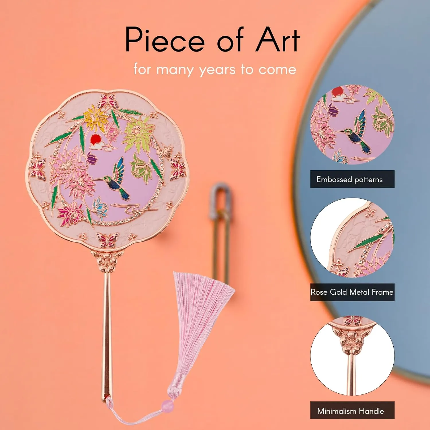 Hand Mirror, Handheld Mirror with Hummingbird Embossed Patterns, Metal Classic Makeup Mirror, Personal Cosmetic Mirror, Compact and Portable, Unique Gifts for Women(Rose Gold)