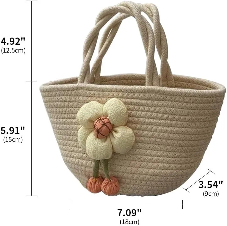Hand-Woven Cotton Handbag Tote Bag Boho Rainbow Handles Tote Retro Summer Beach Bag Flower Handbag Holiday Shopping