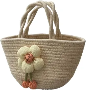 Hand-Woven Cotton Handbag Tote Bag Boho Rainbow Handles Tote Retro Summer Beach Bag Flower Handbag Holiday Shopping