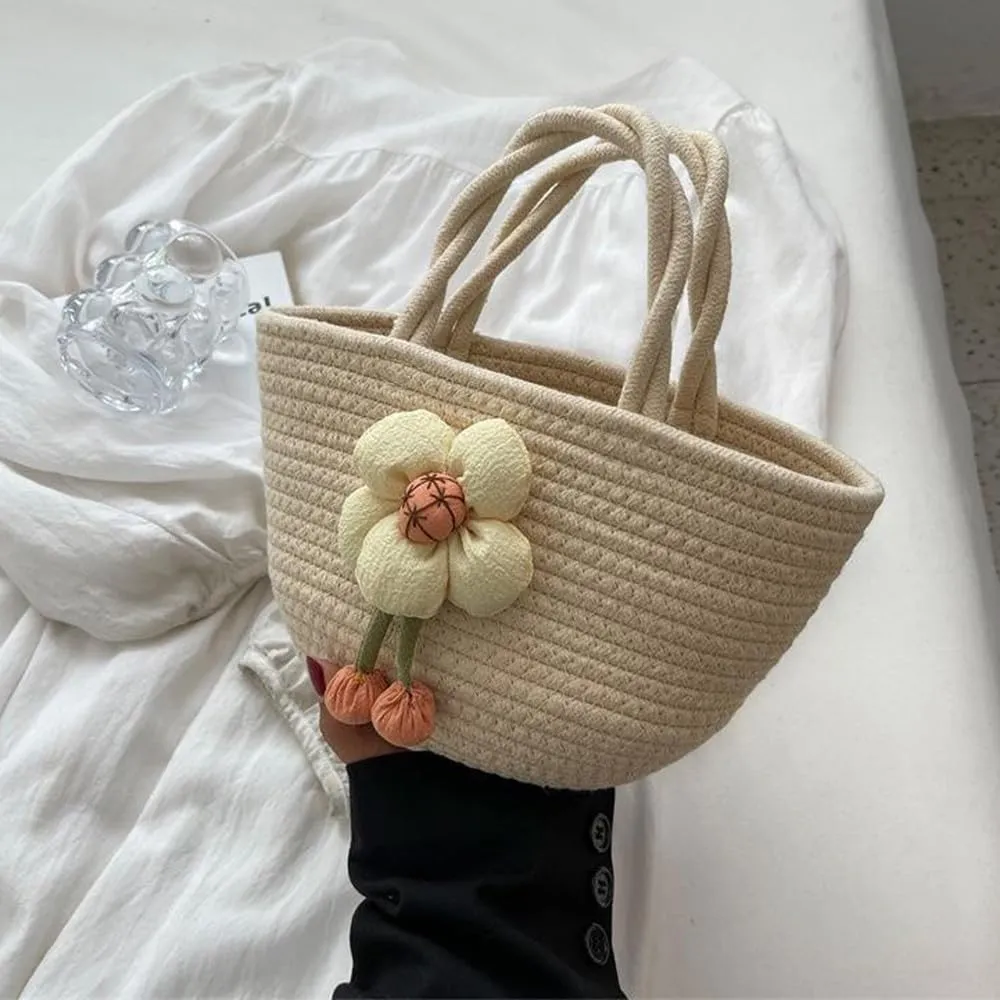 Hand-Woven Cotton Handbag Tote Bag Boho Rainbow Handles Tote Retro Summer Beach Bag Flower Handbag Holiday Shopping