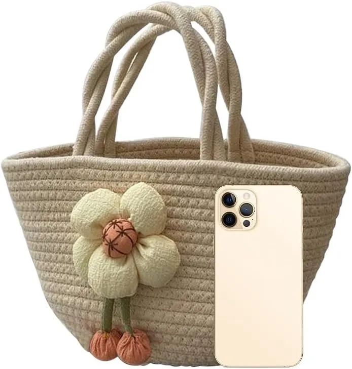 Hand-Woven Cotton Handbag Tote Bag Boho Rainbow Handles Tote Retro Summer Beach Bag Flower Handbag Holiday Shopping