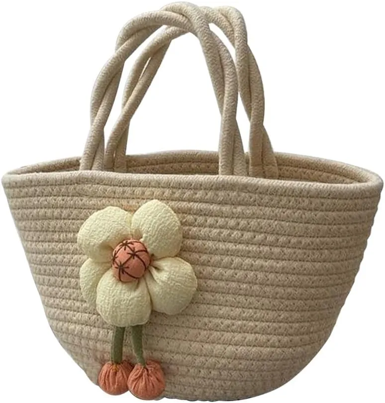 Hand-Woven Cotton Handbag Tote Bag Boho Rainbow Handles Tote Retro Summer Beach Bag Flower Handbag Holiday Shopping