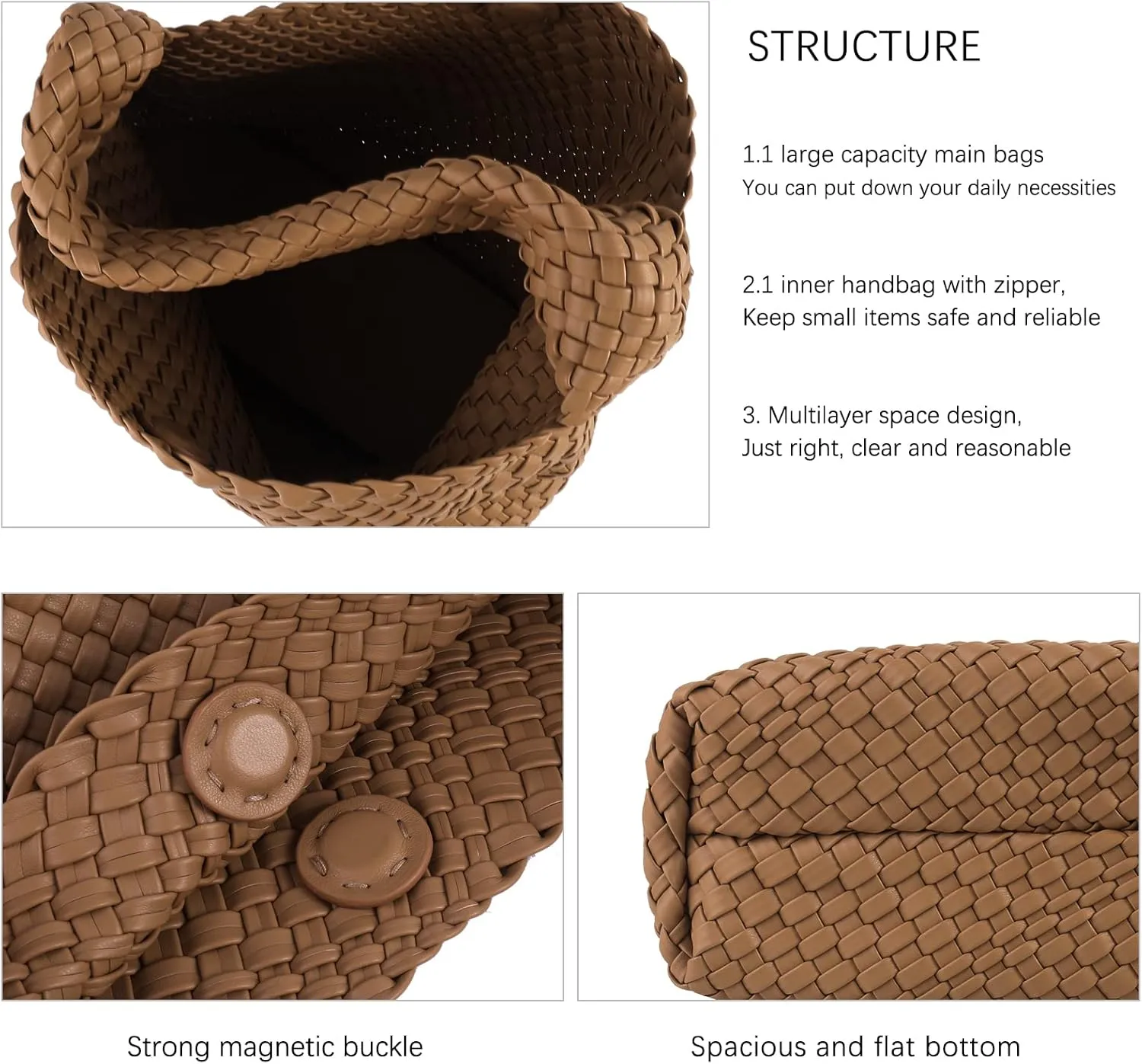 Hand Woven Tote for Women - Vegan Leather Handle Handbag, Travel Shoulder Bag, Hobo and Beach Bag With Purse