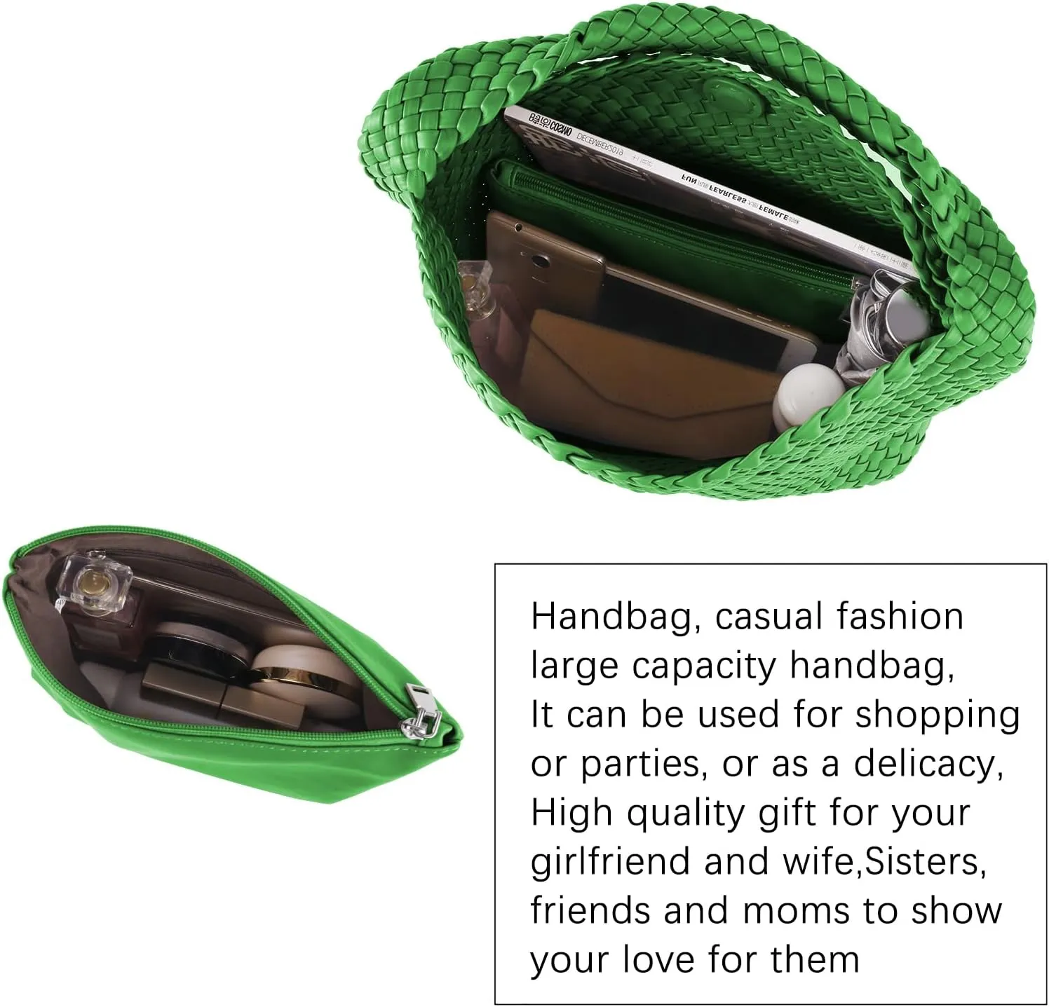 Hand Woven Tote for Women - Vegan Leather Handle Handbag, Travel Shoulder Bag, Hobo and Beach Bag With Purse