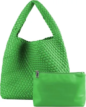 Hand Woven Tote for Women - Vegan Leather Handle Handbag, Travel Shoulder Bag, Hobo and Beach Bag With Purse