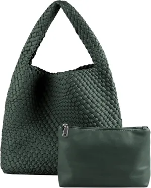 Hand Woven Tote for Women - Vegan Leather Handle Handbag, Travel Shoulder Bag, Hobo and Beach Bag With Purse
