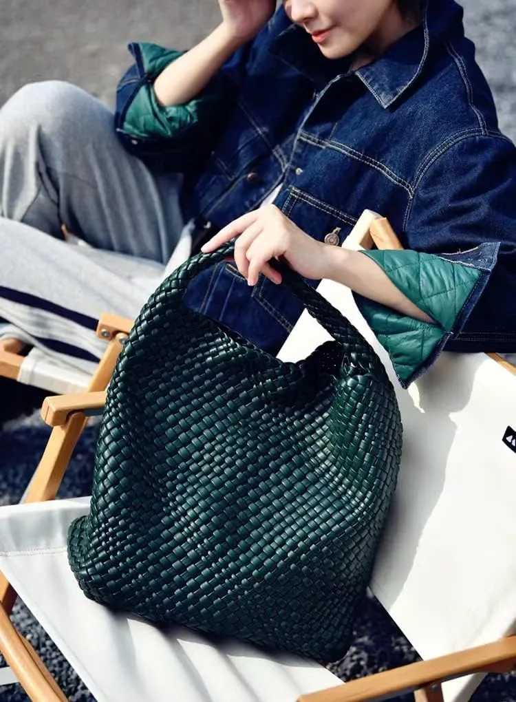 Hand Woven Tote for Women - Vegan Leather Handle Handbag, Travel Shoulder Bag, Hobo and Beach Bag With Purse
