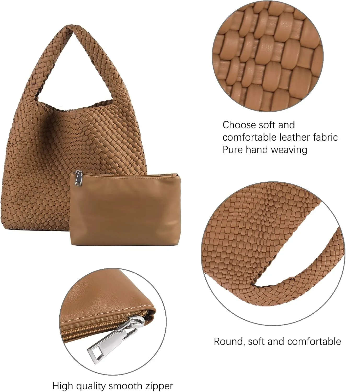 Hand Woven Tote for Women - Vegan Leather Handle Handbag, Travel Shoulder Bag, Hobo and Beach Bag With Purse