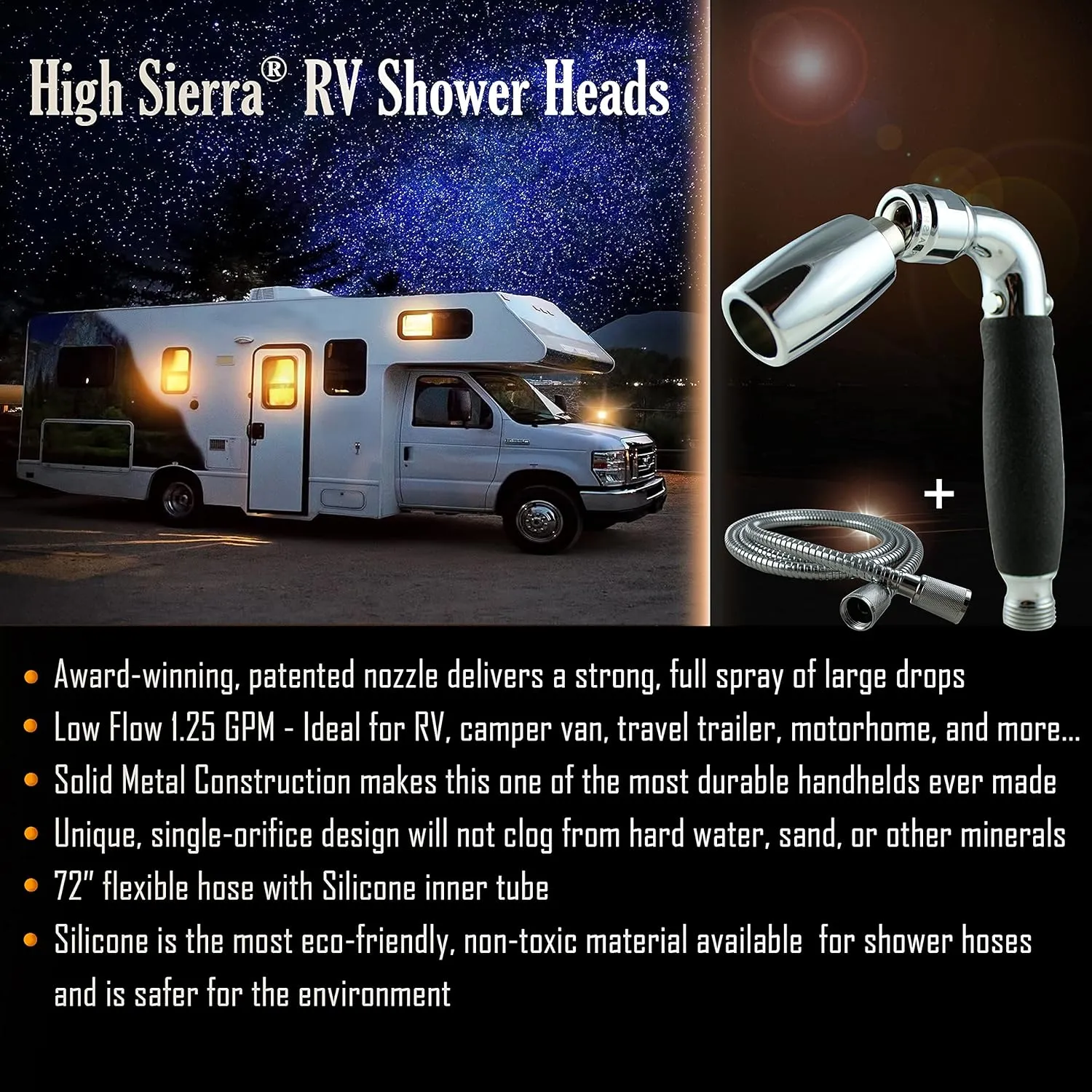 Handheld RV Shower Head with Hose and On Off Switch (Plumbing Code Compliant) - Solid Metal Construction – Includes 72” Metal Hose with Silicone Inner Tube - 1.25 GPM – Chrome